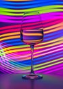 Elegant crystal glass filled with red wine on a blue background painted with colorful light. Light reflections and refractions, Royalty Free Stock Photo