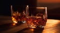 Elegant crystal whiskey glasses with amber liquid on a wooden surface, reflecting warm light in a dark ambience