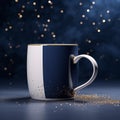 Navy Mug Mockup On Colored Background With Gold Sparkles