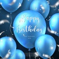 Elegant 3D realistic golden blue ballon and party popper silver ribbon Happy Birthday celebration card banner template background