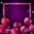 Elegant 3D realistic golden magenta red purple ballon and square frame Happy Birthday celebration card banner template background