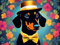 Elegant dachshund dog dressed in a hat and bow tie among colorful flowers