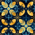 Elegant damask seamless pattern with deep blue and gold colors in a flat drawing style Royalty Free Stock Photo