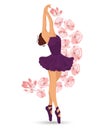 An elegant dancing ballerina in a purple dress and pointe shoes and flying flowers. Illustration vector Royalty Free Stock Photo