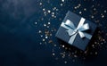 Elegant Dark blue gift box with silver ribbon on dark background. Top view of greeting gift with copy space for Christmas present Royalty Free Stock Photo