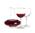 Elegant decanter with red wine and glasse
