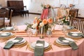 Elegant decor of a wedding bank in peach and green Royalty Free Stock Photo