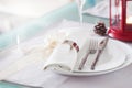 Elegant decorated Christmas table setting with modern cutlery, napkin, bow and christmas decorations