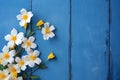 a bouquet of white daisies, wildflowers, on a blue wooden background generated by AI, generative assistant, Royalty Free Stock Photo