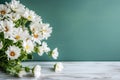 a bouquet of white daisies, wildflowers, on a green blue wooden background generated by ai, generative assistant, Royalty Free Stock Photo