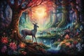 Elegant deer in magical fairytale forest. Nature and animal fairytale. AI generated. Royalty Free Stock Photo