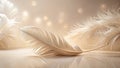 Elegant delicate creamy white feathers on a soft reflective surface with a dreamy blurred background. Generative AI Royalty Free Stock Photo