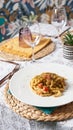 Elegant and Delicious italian pasta dishes served on a white plate in a restaurant. Food concept Royalty Free Stock Photo