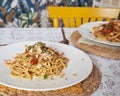 Elegant and Delicious italian pasta dishes served on a white plate in a restaurant. Food concept Royalty Free Stock Photo