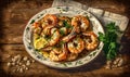 An elegant and delicious plate of garlic shrimp with parsley, healthy and protein-rich food. Generative AI