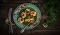 An elegant and delicious plate of garlic shrimp with parsley, healthy and protein-rich food. Generative AI