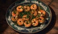 An elegant and delicious plate of garlic shrimp with parsley, healthy and protein-rich food. Generative AI