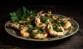 An elegant and delicious plate of garlic shrimp with parsley, healthy and protein-rich food. Generative AI