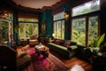 Elegant design of living room interior with window overlooking rainforest view Royalty Free Stock Photo