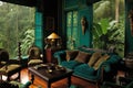 Elegant design of living room interior with window overlooking rainforest view Royalty Free Stock Photo