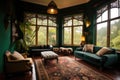 Elegant design of living room interior with window overlooking rainforest view Royalty Free Stock Photo