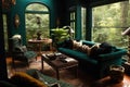 Elegant design of living room interior with window overlooking rainforest view Royalty Free Stock Photo