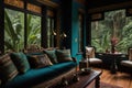 Elegant design of living room interior with window overlooking rainforest view Royalty Free Stock Photo