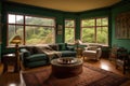 Elegant design of living room interior with window overlooking rainforest view Royalty Free Stock Photo