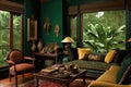 Elegant design of living room interior with window overlooking rainforest view Royalty Free Stock Photo