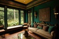 Elegant design of living room interior with window overlooking rainforest view Royalty Free Stock Photo