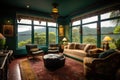 Elegant design of living room interior with window overlooking rainforest view Royalty Free Stock Photo