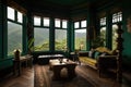 Elegant design of living room interior with window overlooking rainforest view Royalty Free Stock Photo