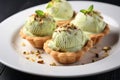 Elegant dessert Pistachio ice cream served in delicate pastry shells