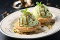 Elegant dessert Pistachio ice cream served in delicate pastry shells