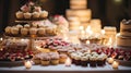 Elegant dessert table at a party with cupcakes, candles, and a multi-tiered cake in a warm, ambient setting