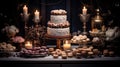 An elegant dessert table beautifully lit to showcase their intricate designs