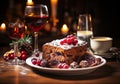 Elegant detail of Christmas cake accompanied by glasses of red wine on wooden table. AI generated