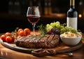 Elegant detail of wooden table with steak, salad, rice and pretty glasses of red wine. Ai generated