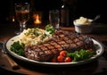 Elegant detail of wooden table with steak, salad, rice and pretty glasses of red wine. Ai generated