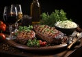 Elegant detail of wooden table with steak, salad, rice and pretty glasses of red wine. Ai generated