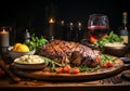 Elegant detail of wooden table with steak, salad, rice and pretty glasses of red wine. Ai generated