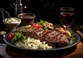 Elegant detail of wooden table with steak, salad, rice and pretty glasses of red wine. Ai generated