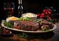 Elegant detail of wooden table with steak, salad, rice and pretty glasses of red wine. Ai generated