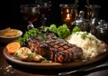 Elegant detail of wooden table with steak, salad, rice and pretty glasses of red wine. Ai generated