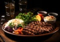 Elegant detail of wooden table with steak, salad, rice and pretty glasses of red wine. Ai generated