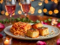 Elegant Dining Experience with Spaghetti and Toasted Garlic Bread on Plate with Wine Glasses