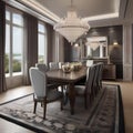 An elegant dining room with a long wooden table, chandelier, and large windows Formal and classy setting4