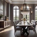 An elegant dining room with a long wooden table, chandelier, and large windows Formal and classy setting2