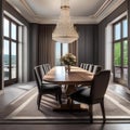 An elegant dining room with a long wooden table, chandelier, and large windows Formal and classy setting5
