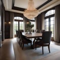 An elegant dining room with a long wooden table, chandelier, and large windows Formal and classy setting3